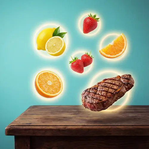 Surreal Food Art: Vibrant Fruits and Steak on Wooden Table