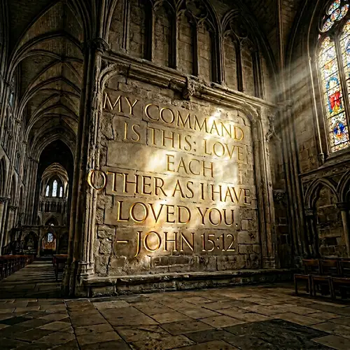 Cinematic Stone Wall with Bible Quote in Cathedral