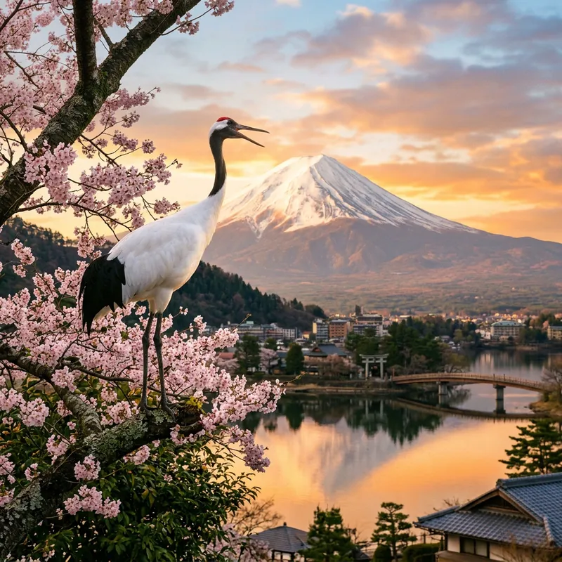 Serenity of the Crane: Cherry Blossom Japanese Landscape
