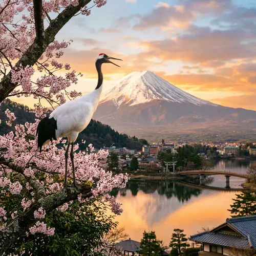 Graceful Crane in Japanese Landscape | Mount Fuji Sunrise View