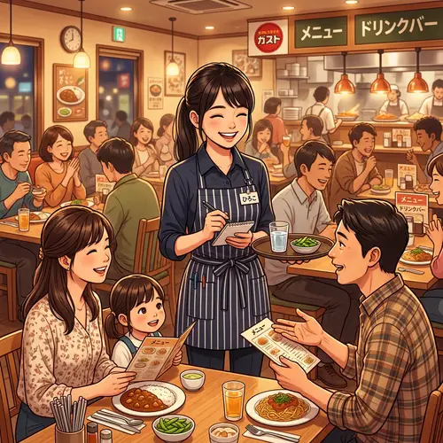 Japanese Woman Working in Family Restaurant: Illustration