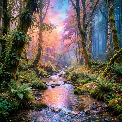 Harmonious Nature Assembly: Enchanting Forest & Rivulet Scene