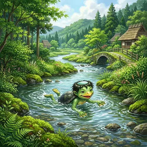 Kappa Mythical Creature Swimming in Picturesque River Scene
