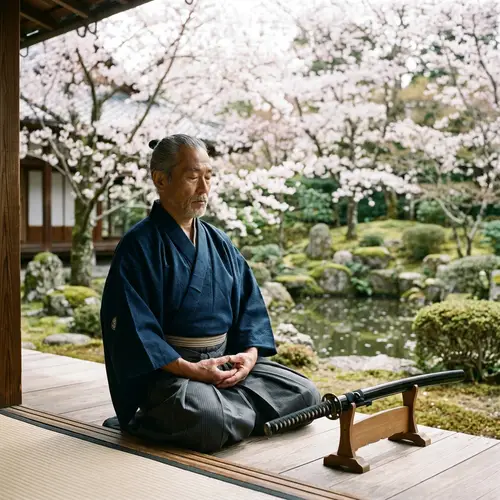 Honorable Samurai in Traditional Attire Meditating in Japanese Garden