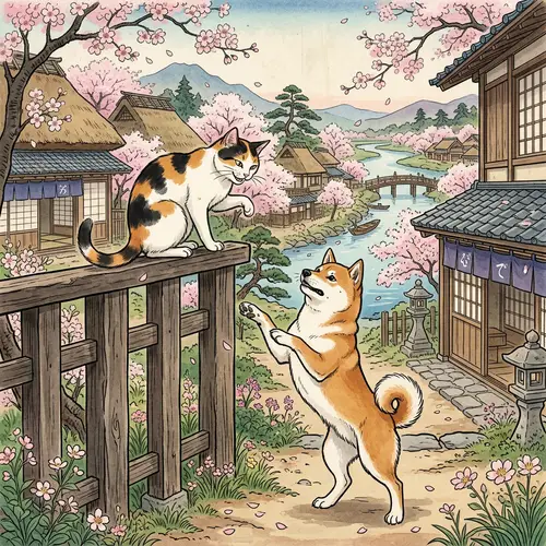 Cats and Dogs Illustration in Traditional Japanese Setting
