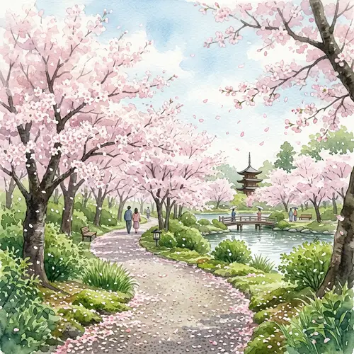 Tranquil Cherry Blossoms Watercolor Scene