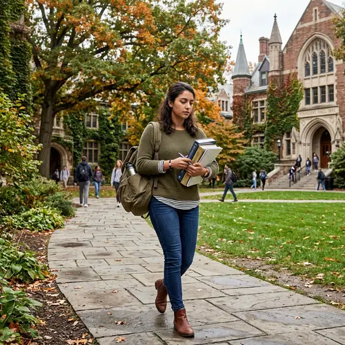 Realistic Female University Student Walking Through Campus Scene