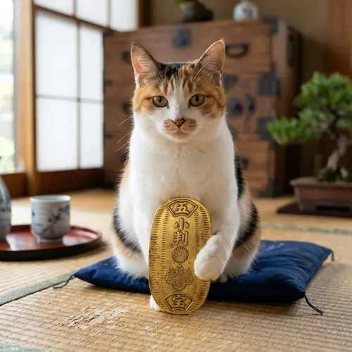 Cat with Koban - Traditional Japanese Oval Gold Coin
