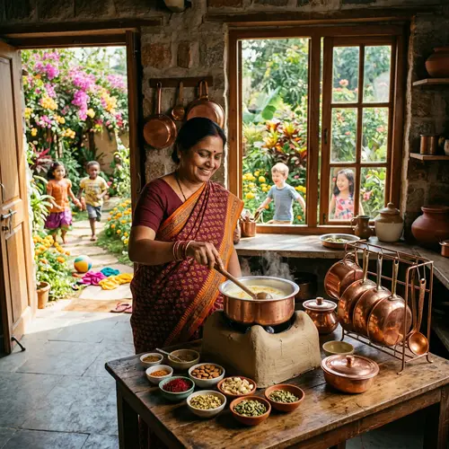 Traditional Indian Kitchen with Kids Playing in Vibrant Garden