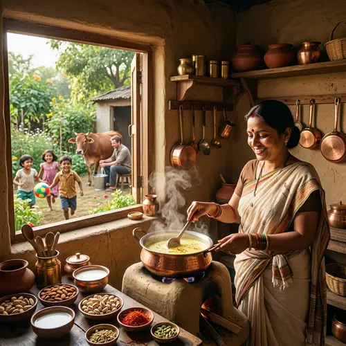 Traditional Indian Kitchen with Kids Playing and Man Milking Cow