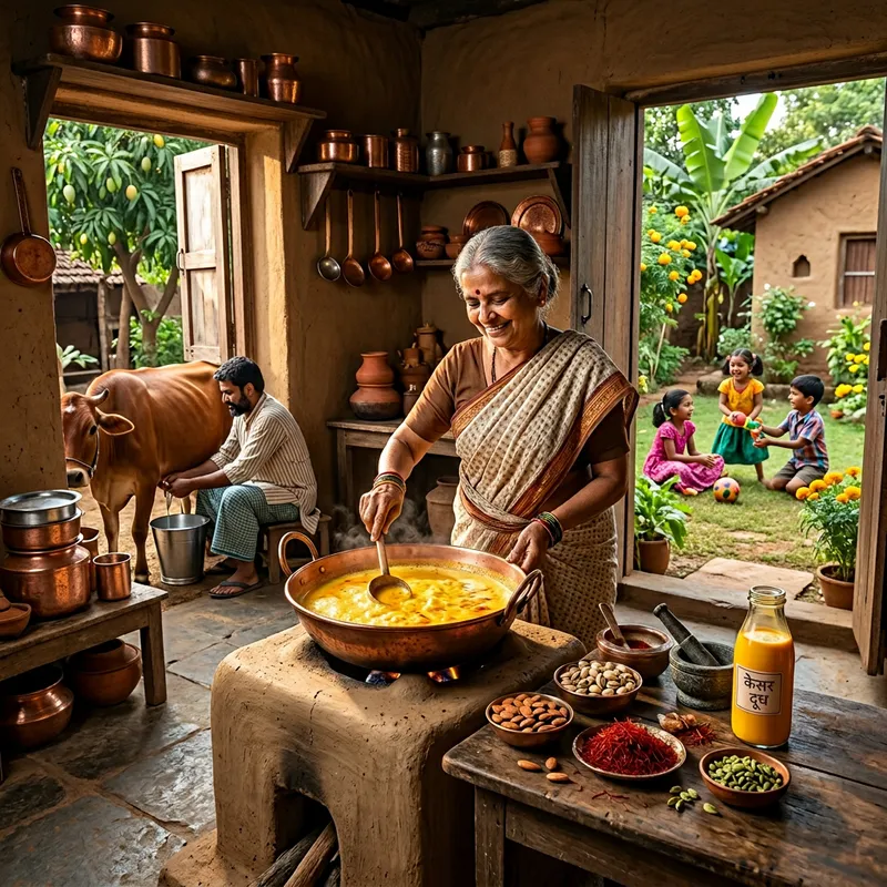 Traditional Indian Kitchen: Colors, Kids Playing, Saffron Milk and Aroma