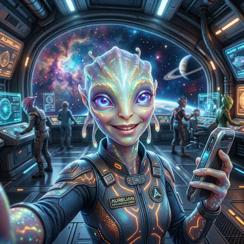 Friendly Alien Selfie in Sci-Fi Environment