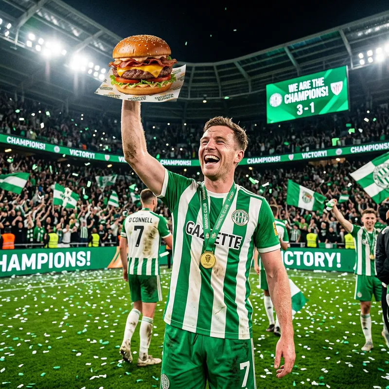 Soccer Player Triumphantly Holds Burger Trophy in Stadium