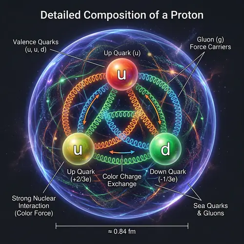 Scientific Illustration of a Proton and its Subatomic Composition