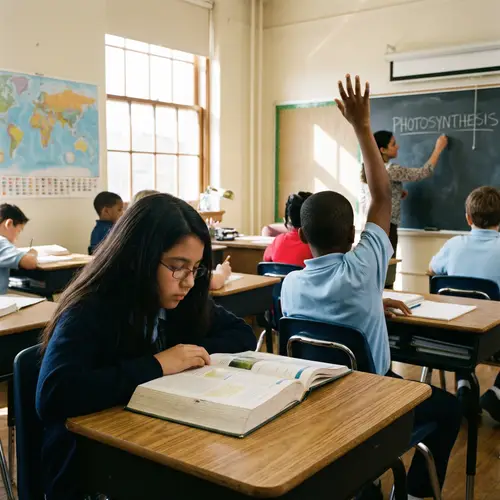 Diverse School Scene: Students Learning with Teacher in Classroom