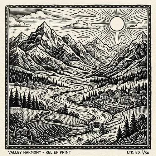 Intricate Landscape Relief Print: Mountains, Rivers, Settlements