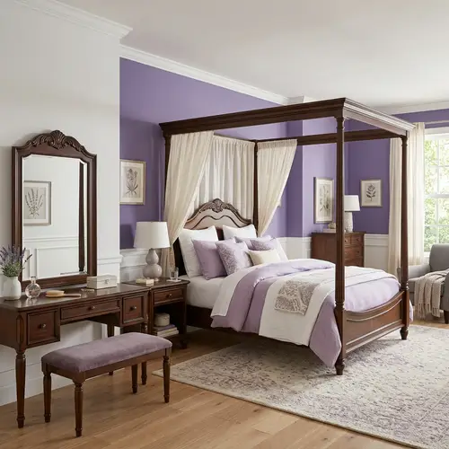 Elegant Room with Four-Poster Bed and Vanity in Purple and White