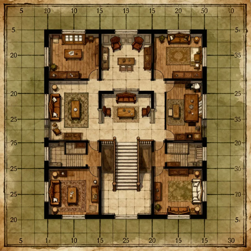 Grid-Lined Mansion Map for D&D Gameplay