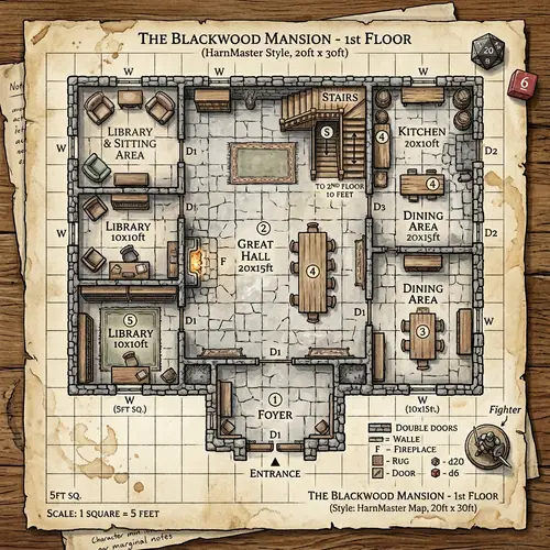 Grid-Lined Mansion Map for D&D Gameplay