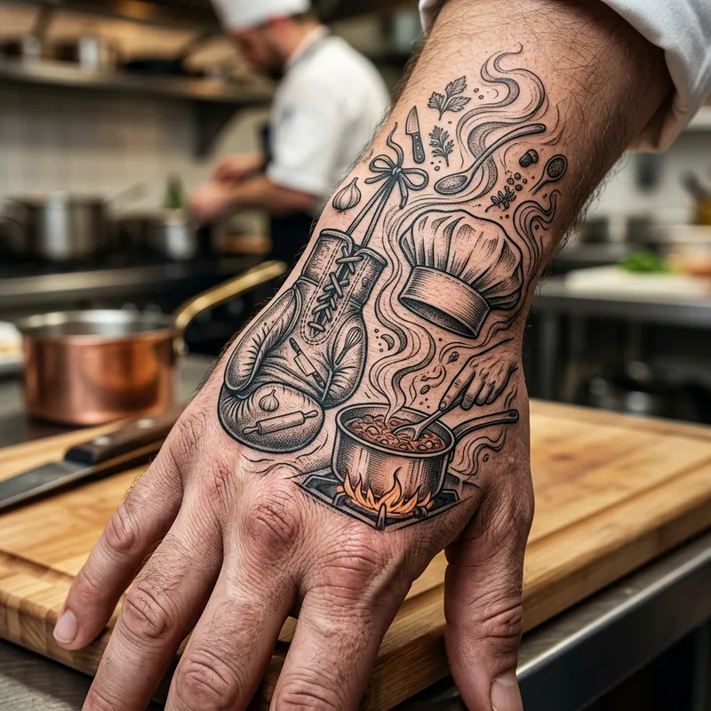 Unique Hand Tattoo Design: Boxing Meets Culinary Arts