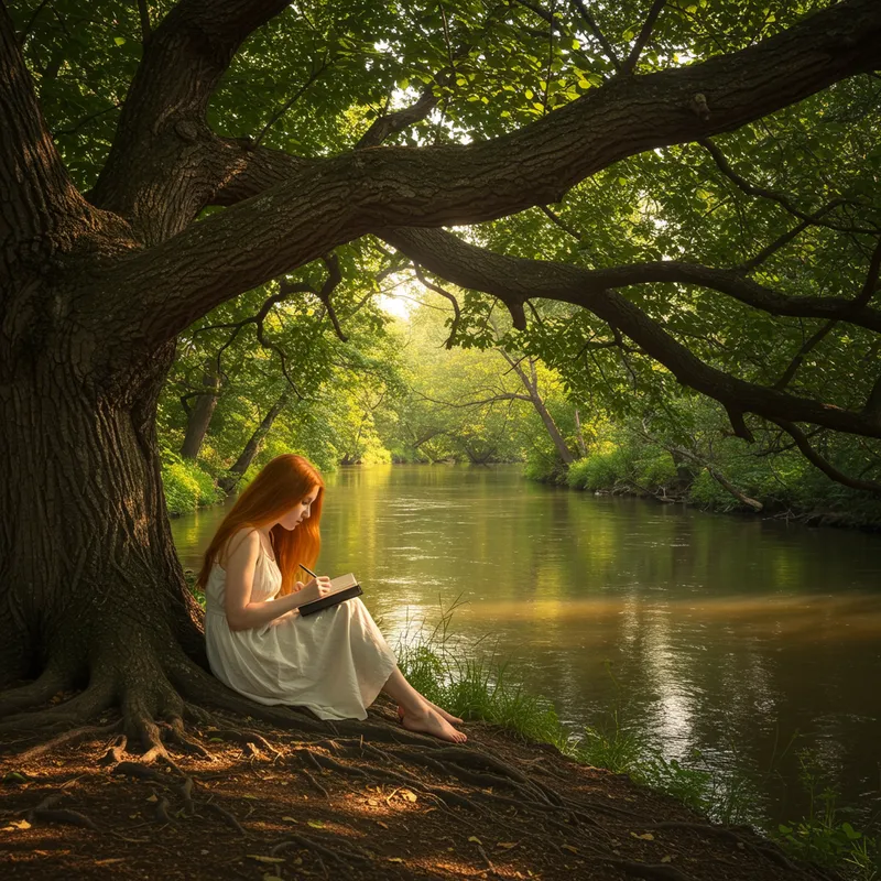 Romantic Woman Writing Under a Tree by the River