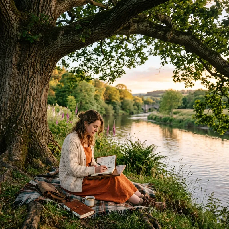 Romantic Woman Writing Under a Tree by the River