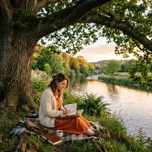 Romantic Woman Writing Under a Tree by the River