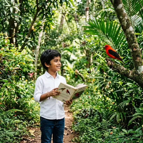 Young South Asian Boy Exploring Vibrant Birds in a Lush Garden