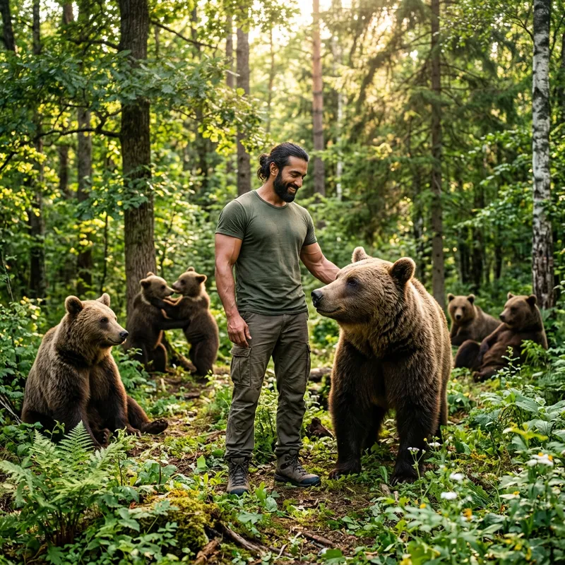 South Asian Man Bonds with Bears in Forest