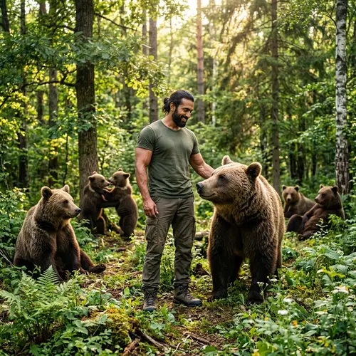 South Asian Man Bonds with Brown Bears in Green Forest