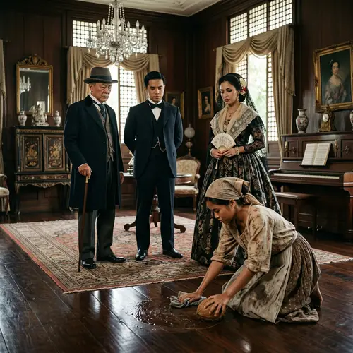 19th Century Filipino Slave Woman Cleaning - Social Class Contrast