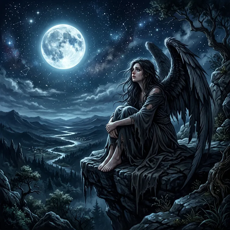Fallen Angel Under Moonlight Illustration