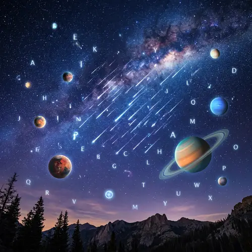 Stunning Shooting Stars Constellation with Planets and Latin Letters