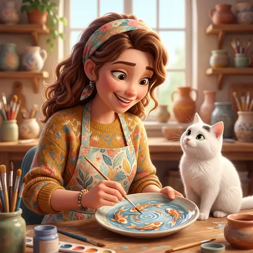 Woman Painting Koi Fish Plate in Pixar-Inspired 3D Poster