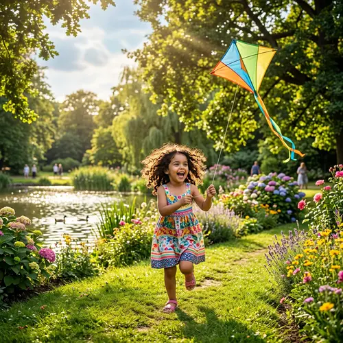 Beautiful Little Girl Playing with Kite in Park