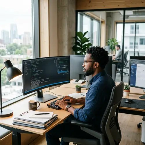 Modern Afro-American Man Working at Computer Desk