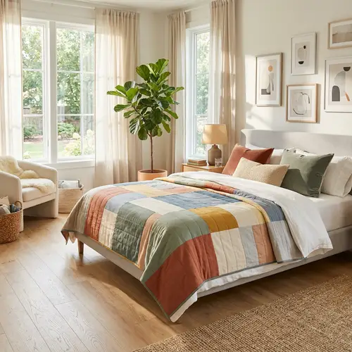 Cozy Modern Interior with Patchwork Blanket
