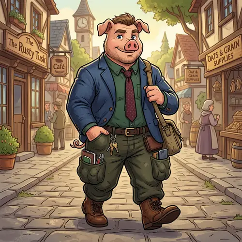 Stylish Masculine Pig Cartoon in Trendy Attire