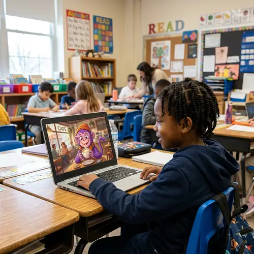 African American Child in Classroom with Playful Purple Monkey on Laptop