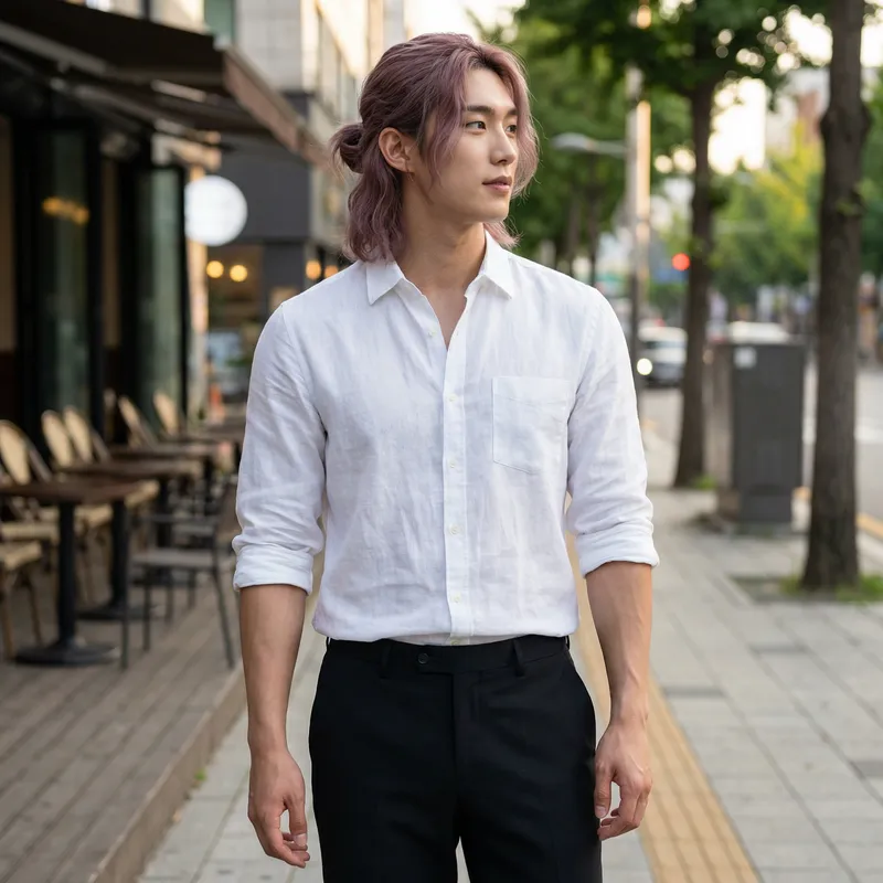 Stylish Korean Man with Mauve Hair & Fit Body