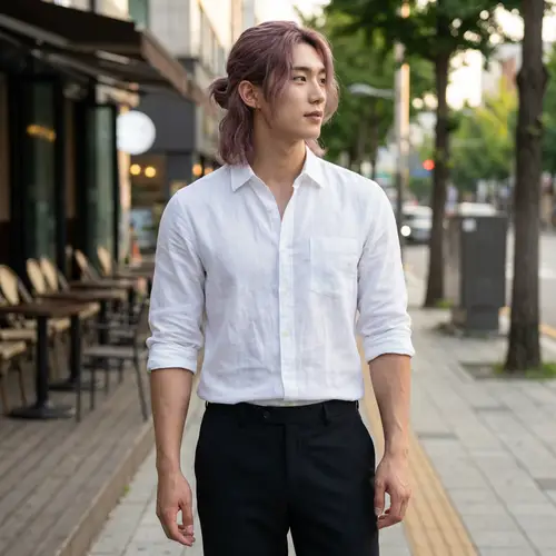 Stylish Korean Man with Mauve Hair & Fit Body
