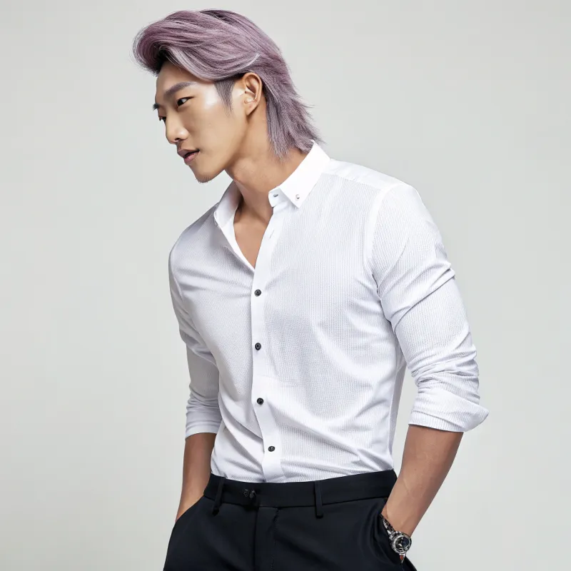 Stylish Korean Man with Mauve Hair & Fit Body