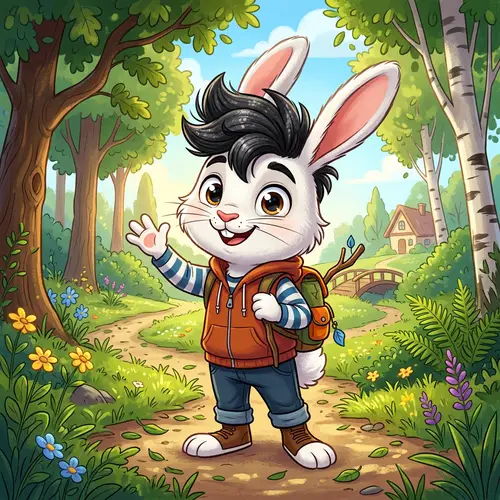 Male Cartoon Rabbit with White Fur and Black Hair