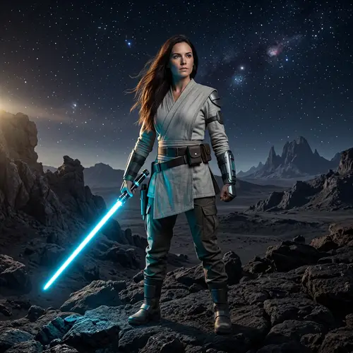 Female Warrior in Sci-Fi Universe wielding a Glowing Blue Weapon