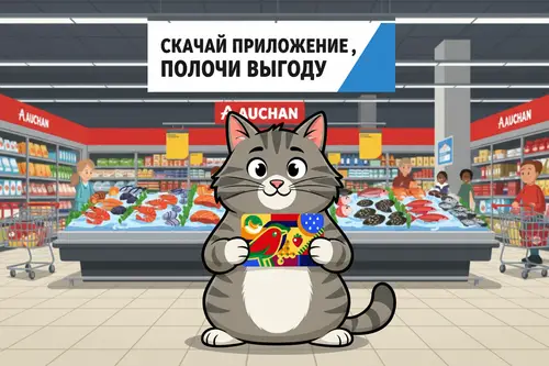 Gray Cat with Auchan Map in Cartoon Style