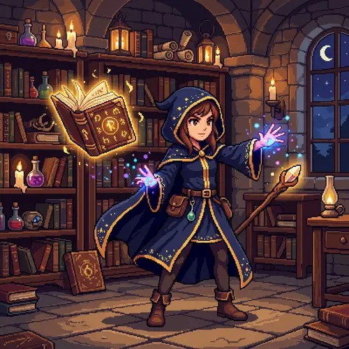 Pixel Art Girl Wizard with Flying Book