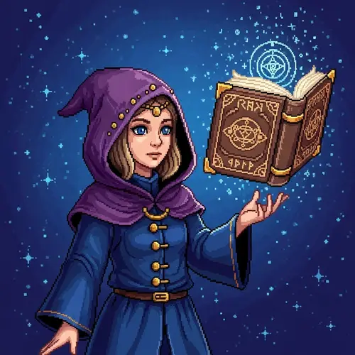 Pixel Art Girl Wizard with Flying Book