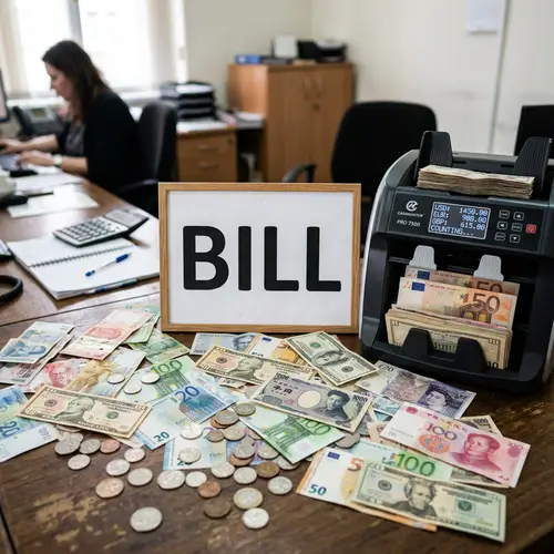 Bill Sign amidst Currency & Counting Machine