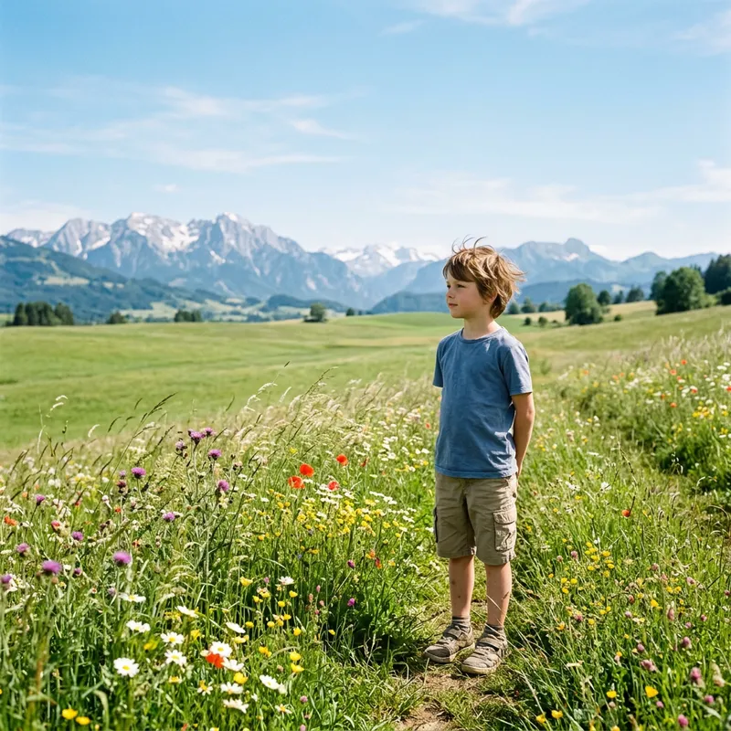 Peaceful Boy in Lush Green Field
