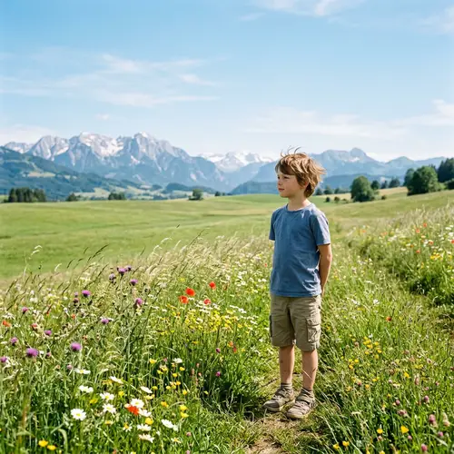 Young Boy Standing in Tranquil Green Field